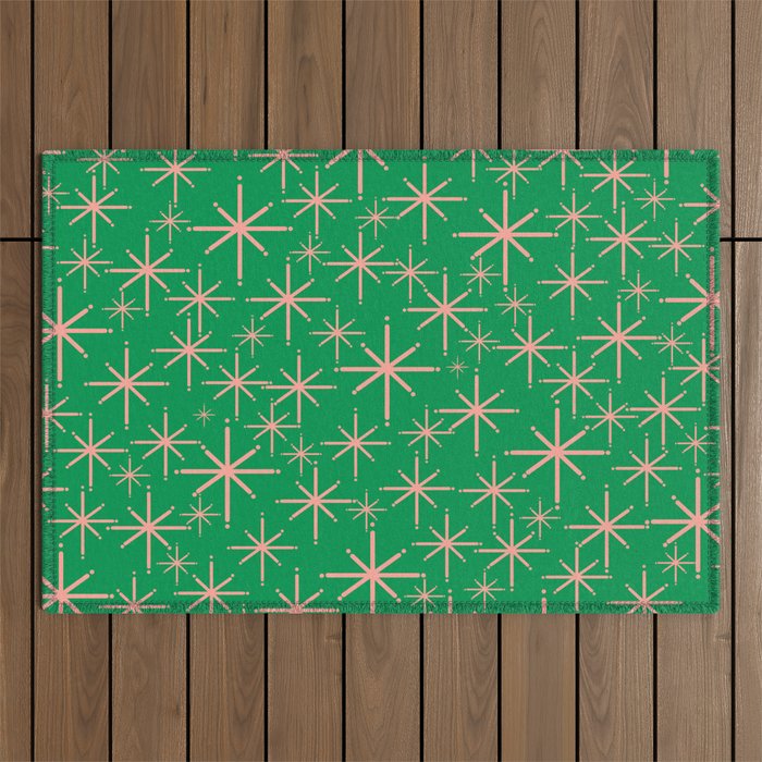 Mid Century Modern Twinkling Stars Retro Atomic Pattern Pink and Green Outdoor Rug Gallery Image 1