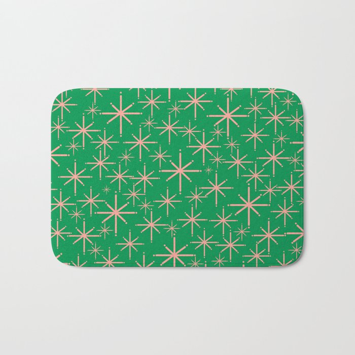 Mid Century Modern Twinkling Stars Retro Atomic Pattern Pink and Green Bath Mat Gallery Image 1