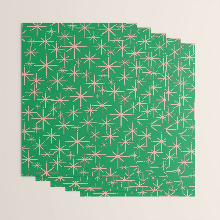 Mid Century Modern Twinkling Stars Retro Atomic Pattern Pink and Green Wrapping Paper Gallery Image 3