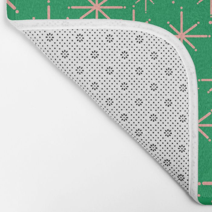 Mid Century Modern Twinkling Stars Retro Atomic Pattern Pink and Green Bath Mat Gallery Image 2