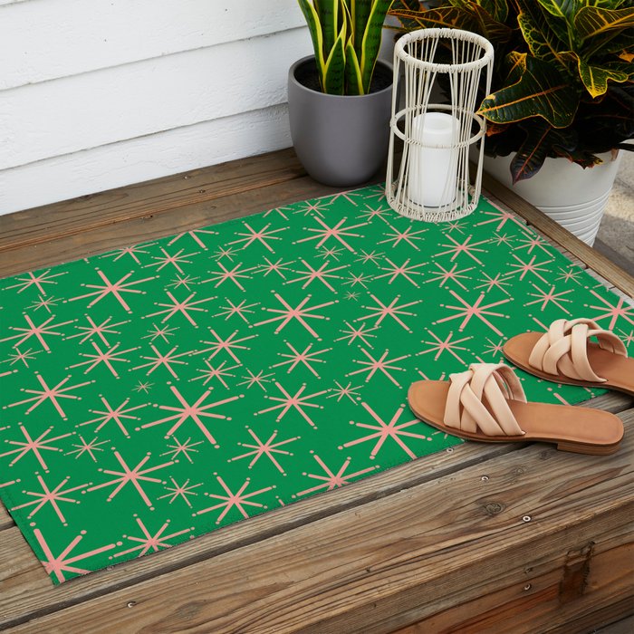 Mid Century Modern Twinkling Stars Retro Atomic Pattern Pink and Green Outdoor Rug Gallery Image 2