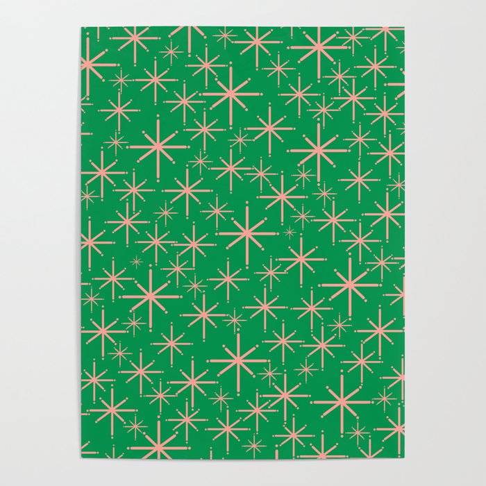 Mid Century Modern Twinkling Stars Retro Atomic Pattern Pink and Green Poster Gallery Image 4