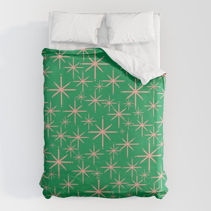 Mid Century Modern Twinkling Stars Retro Atomic Pattern Pink and Green Duvet Cover Gallery Image 1