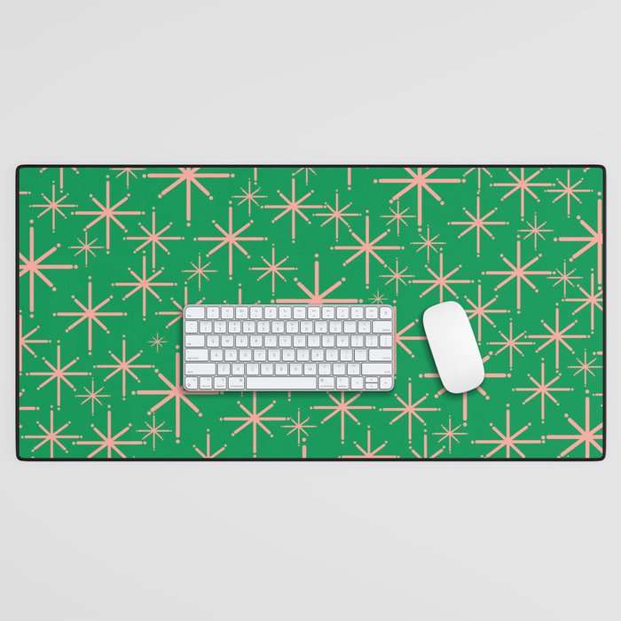 Mid Century Modern Twinkling Stars Retro Atomic Pattern Pink and Green Desk Mat Gallery Image 1