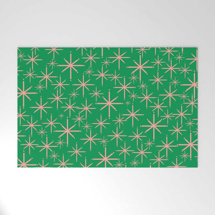 Mid Century Modern Twinkling Stars Retro Atomic Pattern Pink and Green Welcome Mat Gallery Image 1