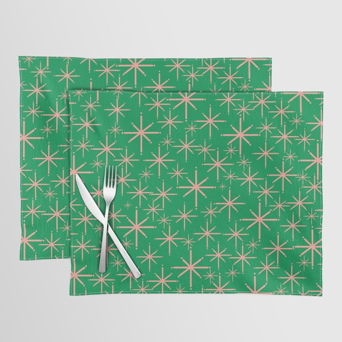 Mid Century Modern Twinkling Stars Retro Atomic Pattern Pink and Green Placemat Gallery Image 1
