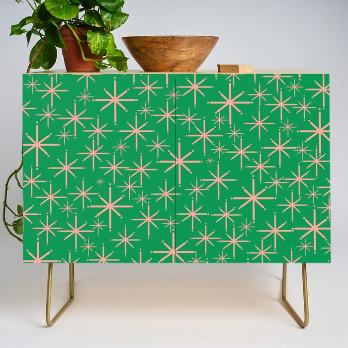 Mid Century Modern Twinkling Stars Retro Atomic Pattern Pink and Green Credenza Gallery Image 1