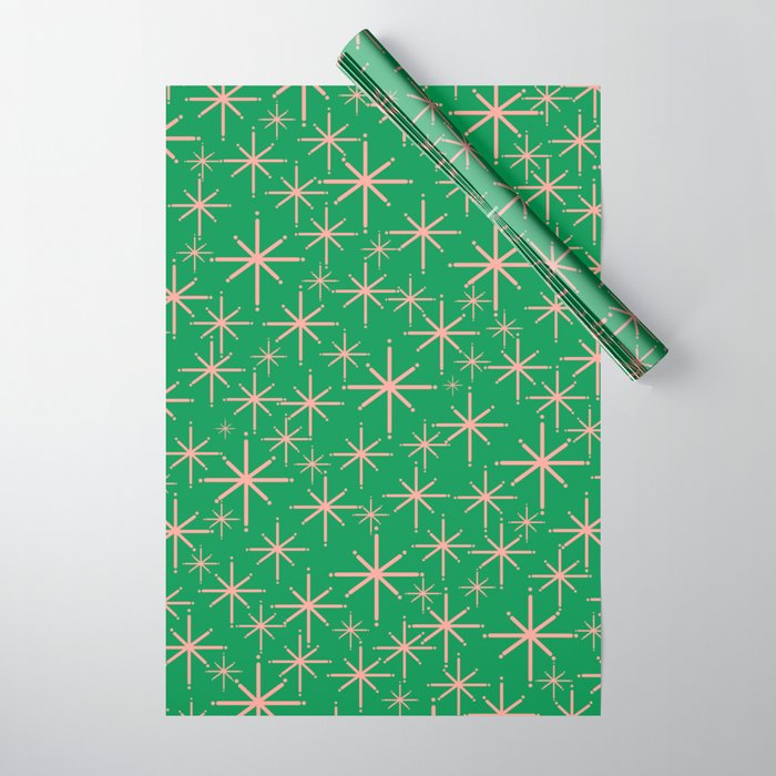 Mid Century Modern Twinkling Stars Retro Atomic Pattern Pink and Green Wrapping Paper Gallery Image 1