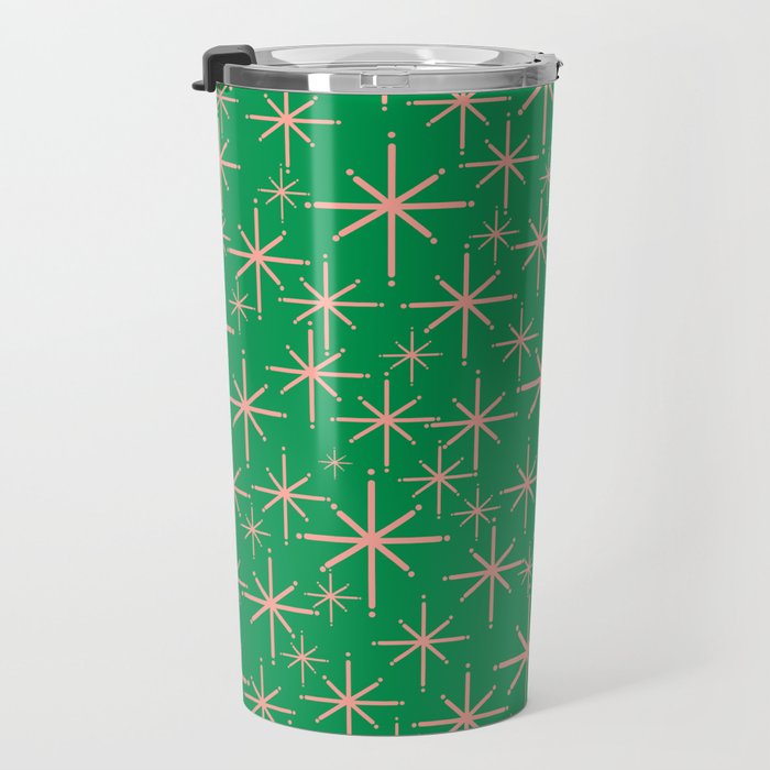 Mid Century Modern Twinkling Stars Retro Atomic Pattern Pink and Green Travel Mug Gallery Image 3