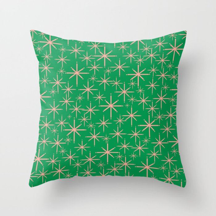 Mid Century Modern Twinkling Stars Retro Atomic Pattern Pink and Green Throw Pillow Gallery Image 1