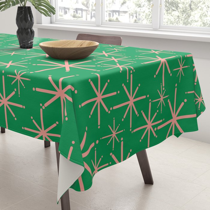 Mid Century Modern Twinkling Stars Retro Atomic Pattern Pink and Green Tablecloth Gallery Image 3