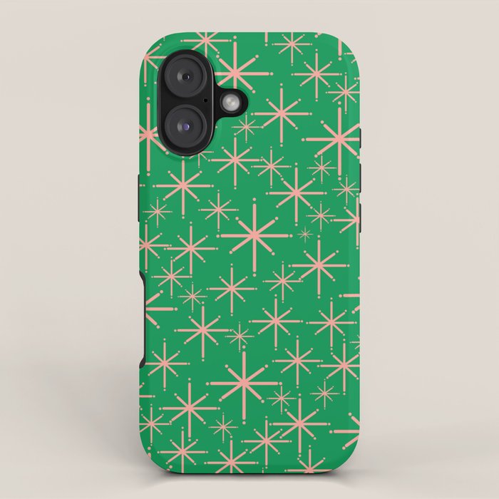 Mid Century Modern Twinkling Stars Retro Atomic Pattern Pink and Green iPhone Case Gallery Image 1