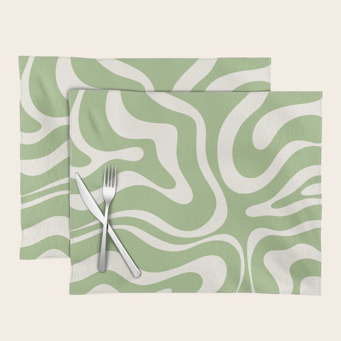 Modern Liquid Swirl Abstract Pattern in Light Sage Green and Cream Placemat Gallery Image 1