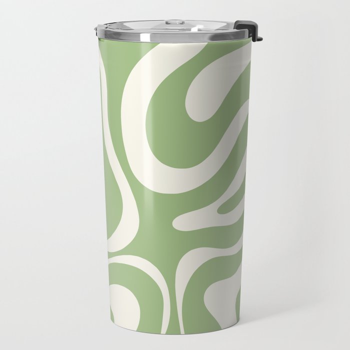 Modern Liquid Swirl Abstract Pattern in Light Sage Green and Cream Travel Mug Gallery Image 2