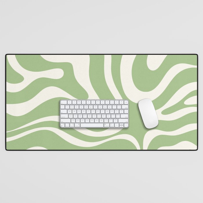 Modern Liquid Swirl Abstract Pattern in Light Sage Green and Cream Desk Mat Gallery Image 1