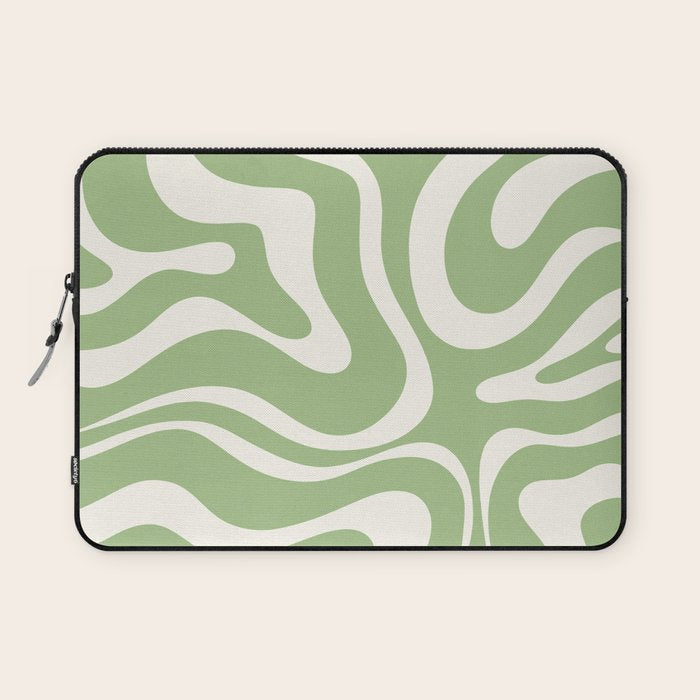 Modern Liquid Swirl Abstract Pattern in Light Sage Green and Cream Laptop Sleeve Gallery Image 1