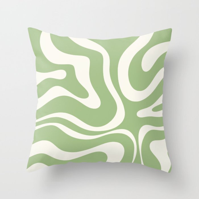 Modern Liquid Swirl Abstract Pattern in Light Sage Green and Cream Throw Pillow Gallery Image 6