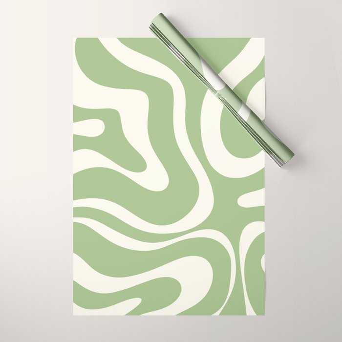 Modern Liquid Swirl Abstract Pattern in Light Sage Green and Cream Wrapping Paper Gallery Image 1