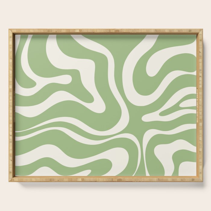 Modern Liquid Swirl Abstract Pattern in Light Sage Green and Cream Serving Tray Gallery Image 1