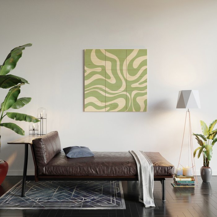 Modern Liquid Swirl Abstract Pattern in Light Sage Green and Cream Wood Wall Art Gallery Image 2