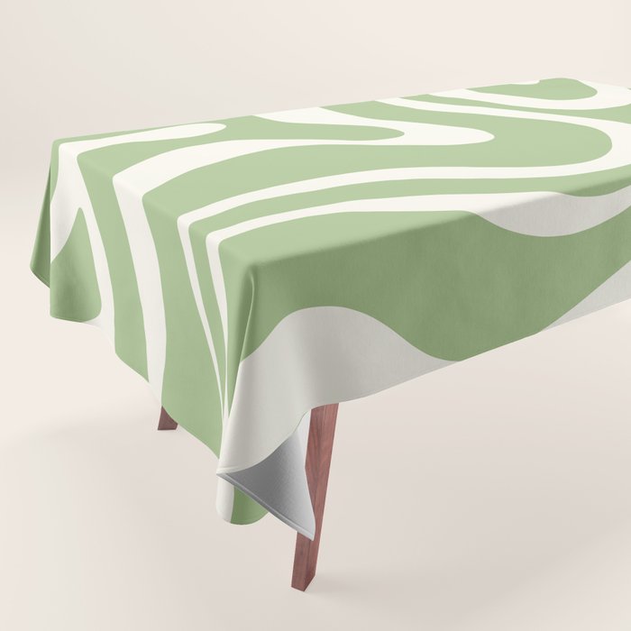 Modern Liquid Swirl Abstract Pattern in Light Sage Green and Cream Tablecloth Gallery Image 1