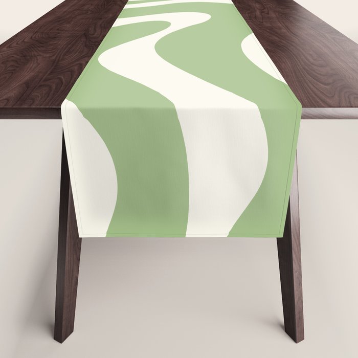 Modern Liquid Swirl Abstract Pattern in Light Sage Green and Cream Table Runner Gallery Image 1