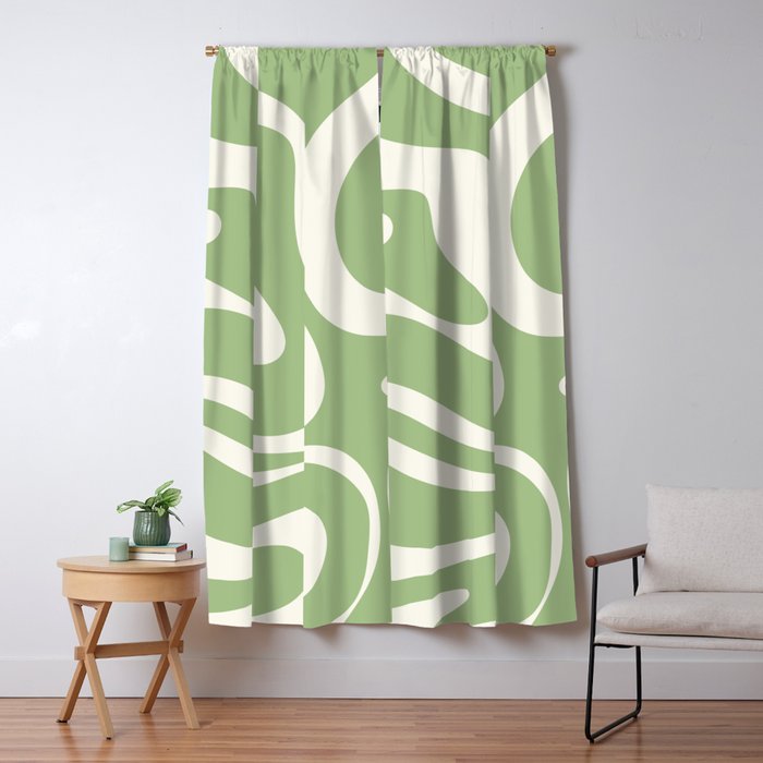 Modern Liquid Swirl Abstract Pattern in Light Sage Green and Cream Window Curtain Gallery Image 5
