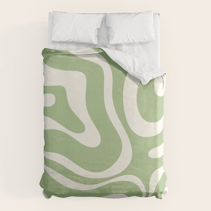 Modern Liquid Swirl Abstract Pattern in Light Sage Green and Cream Duvet Cover Gallery Image 6