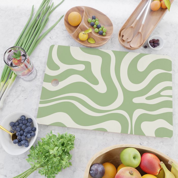 Modern Liquid Swirl Abstract Pattern in Light Sage Green and Cream Cutting Board Gallery Image 2