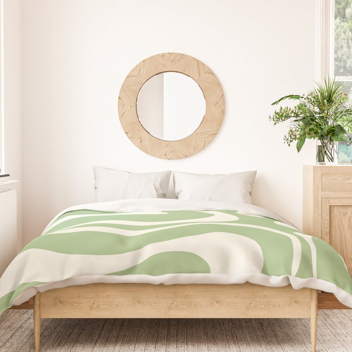 Modern Liquid Swirl Abstract Pattern in Light Sage Green and Cream Duvet Cover Gallery Image 3
