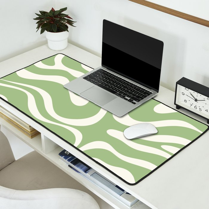 Modern Liquid Swirl Abstract Pattern in Light Sage Green and Cream Desk Mat Gallery Image 2