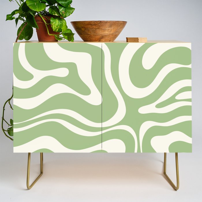 Modern Liquid Swirl Abstract Pattern in Light Sage Green and Cream Credenza Gallery Image 1