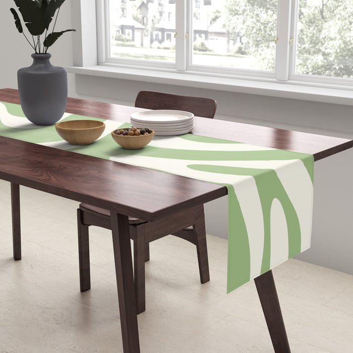 Modern Liquid Swirl Abstract Pattern in Light Sage Green and Cream Table Runner Gallery Image 2