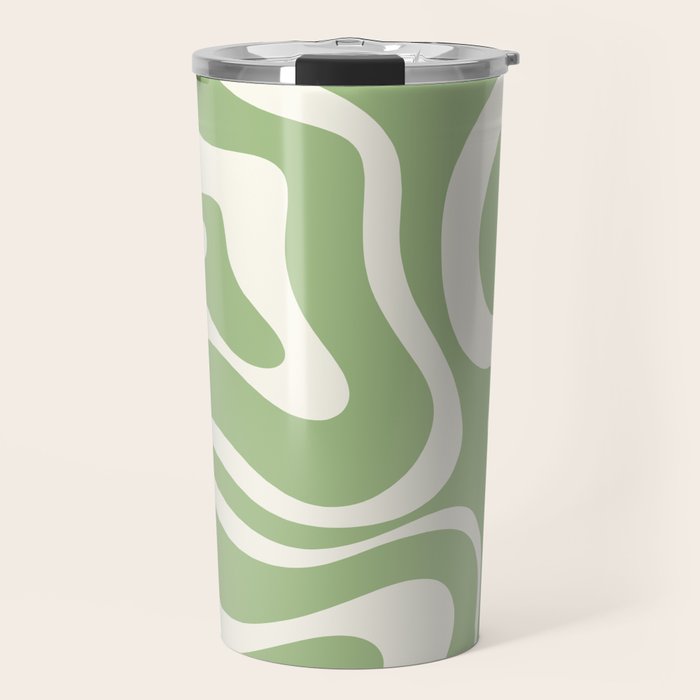 Modern Liquid Swirl Abstract Pattern in Light Sage Green and Cream Travel Mug Gallery Image 1