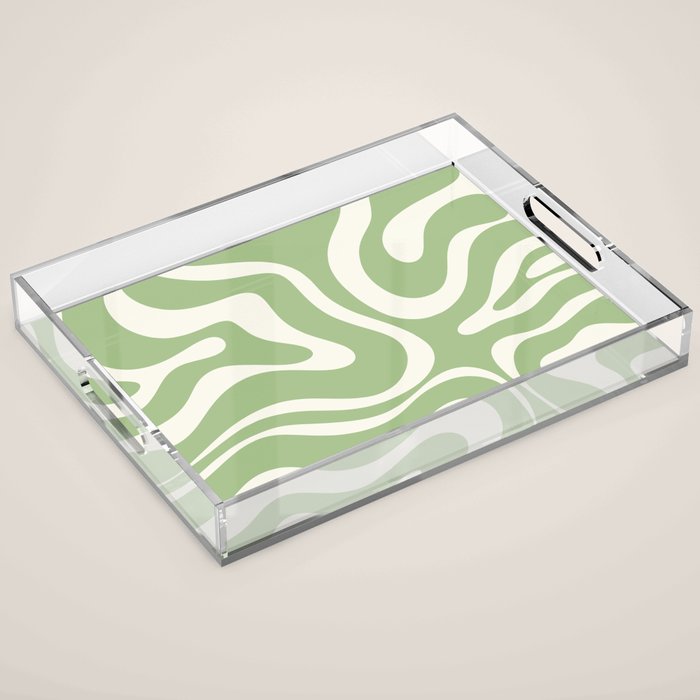 Modern Liquid Swirl Abstract Pattern in Light Sage Green and Cream Acrylic Tray Gallery Image 1
