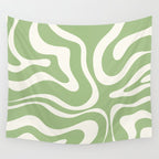 Modern Liquid Swirl Abstract Pattern in Light Sage Green and Cream Wall Tapestry Gallery Image 4