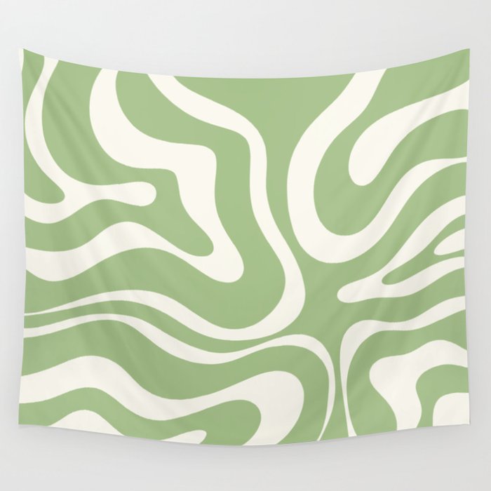 Modern Liquid Swirl Abstract Pattern in Light Sage Green and Cream Wall Tapestry Gallery Image 4