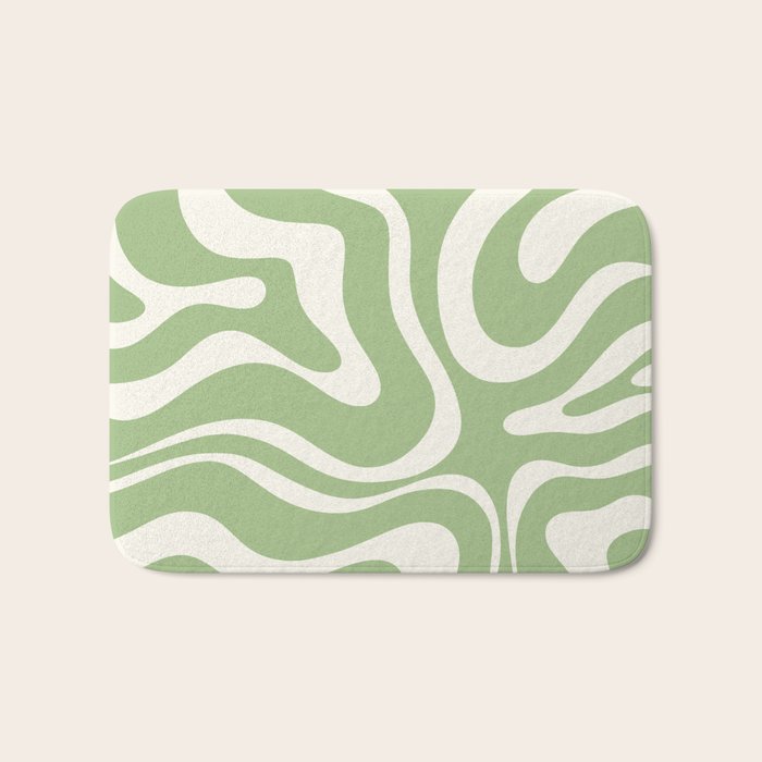 Modern Liquid Swirl Abstract Pattern in Light Sage Green and Cream Bath Mat Gallery Image 1