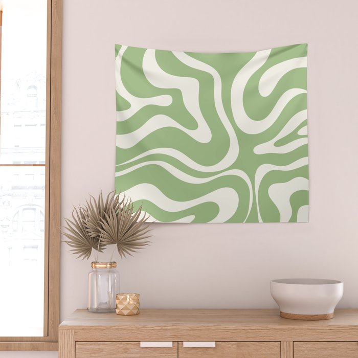 Modern Liquid Swirl Abstract Pattern in Light Sage Green and Cream Wall Tapestry Gallery Image 2