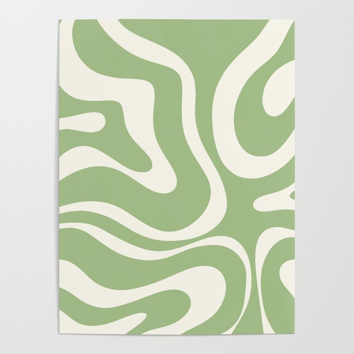 Modern Liquid Swirl Abstract Pattern in Light Sage Green and Cream Poster Gallery Image 1