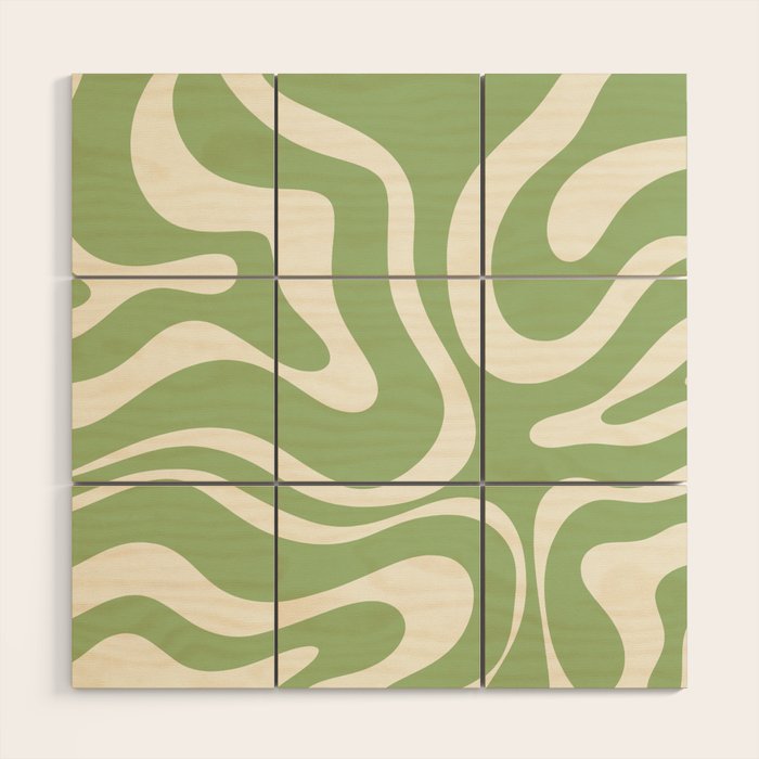 Modern Liquid Swirl Abstract Pattern in Light Sage Green and Cream Wood Wall Art Gallery Image 1