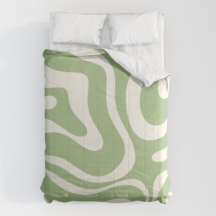 Modern Liquid Swirl Abstract Pattern in Light Sage Green and Cream Comforter Gallery Image 1