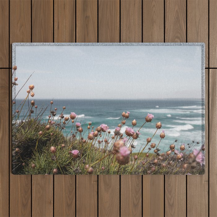 Pink Flowers by the Ocean | Travel Photography in Portugal Art Print | Summer at Bordeira Beach Outdoor Rug Gallery Image 1