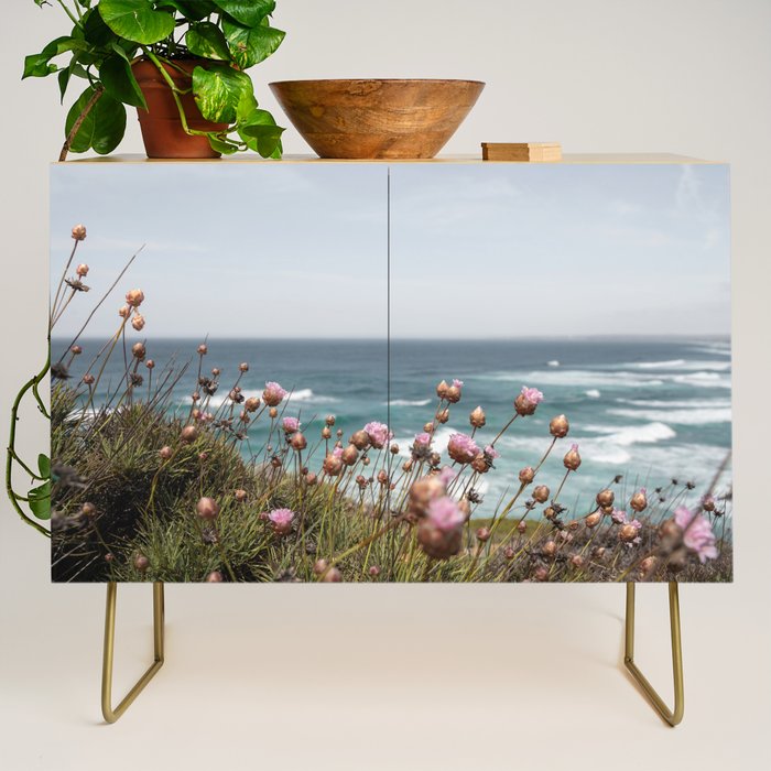 Pink Flowers by the Ocean | Travel Photography in Portugal Art Print | Summer at Bordeira Beach Credenza Gallery Image 1
