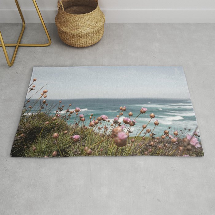 Pink Flowers by the Ocean | Travel Photography in Portugal Art Print | Summer at Bordeira Beach Rug Gallery Image 1