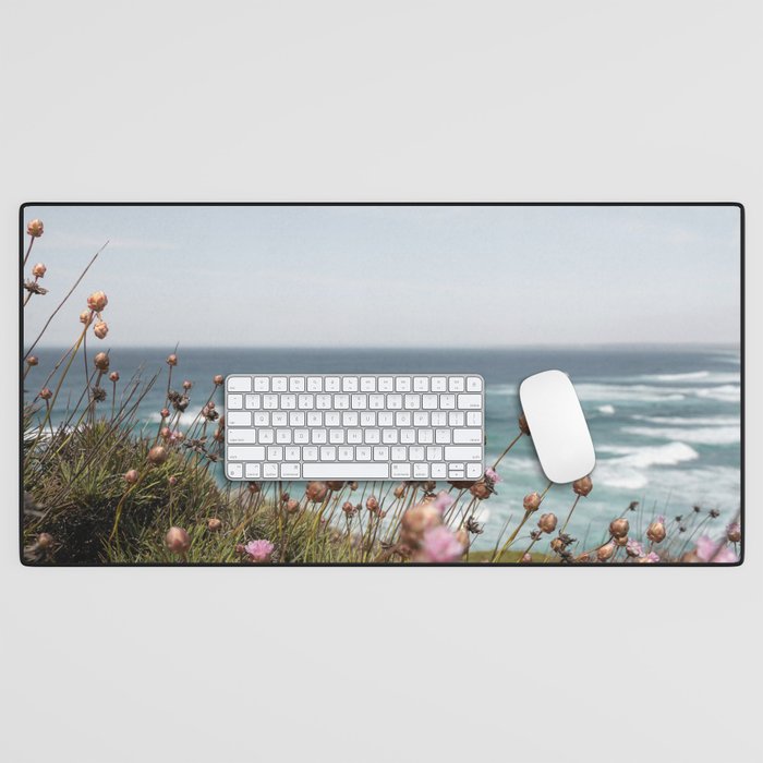 Pink Flowers by the Ocean | Travel Photography in Portugal Art Print | Summer at Bordeira Beach Desk Mat Gallery Image 1
