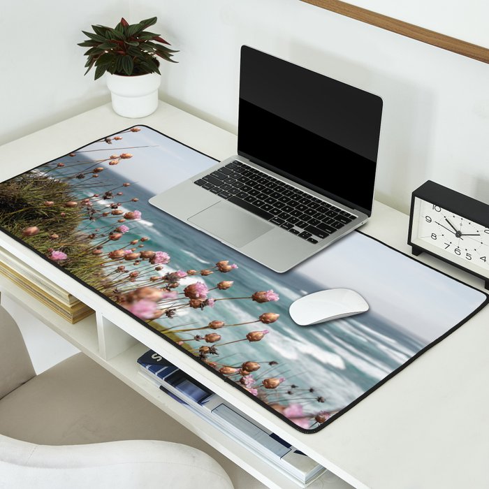 Pink Flowers by the Ocean | Travel Photography in Portugal Art Print | Summer at Bordeira Beach Desk Mat Gallery Image 2