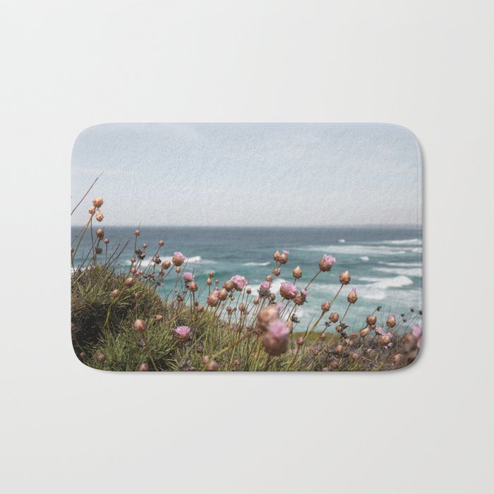 Pink Flowers by the Ocean | Travel Photography in Portugal Art Print | Summer at Bordeira Beach Bath Mat Gallery Image 1
