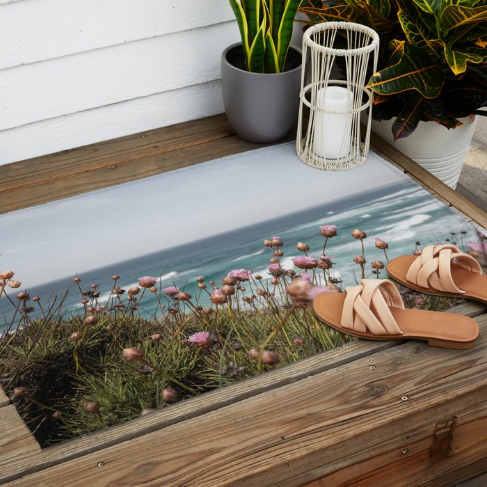 Pink Flowers by the Ocean | Travel Photography in Portugal Art Print | Summer at Bordeira Beach Outdoor Rug Gallery Image 2