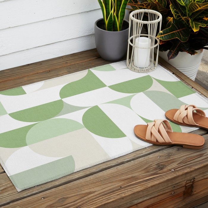 Mid-Mod geometric Sun and Moon pattern - tonal green pastels Outdoor Rug Gallery Image 2